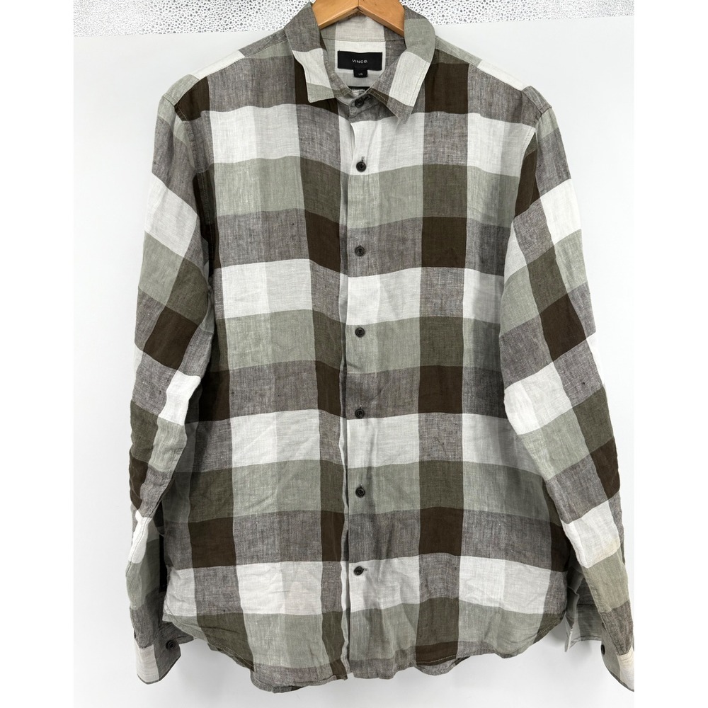 Vince Mens Large Classic Fit 100% Linen Buffalo Check Button Up Shirt Green 0900